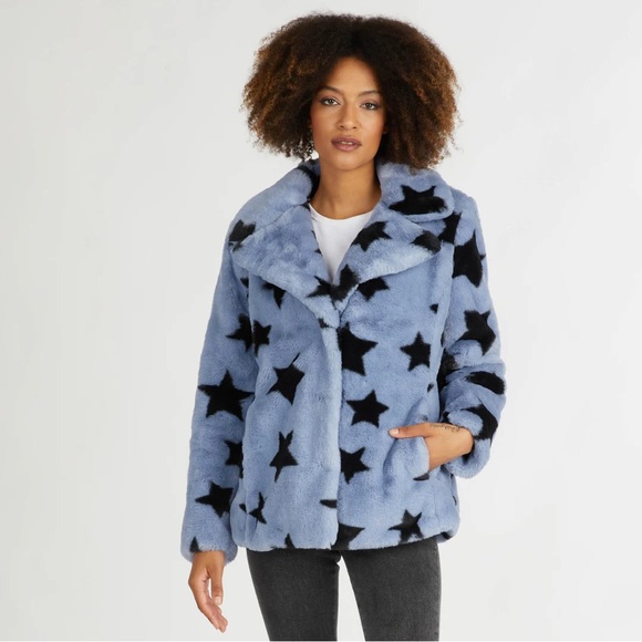 NVLT Star Print Faux Fur Jacket ✨ Blue Size Small - Picture 11 of 13